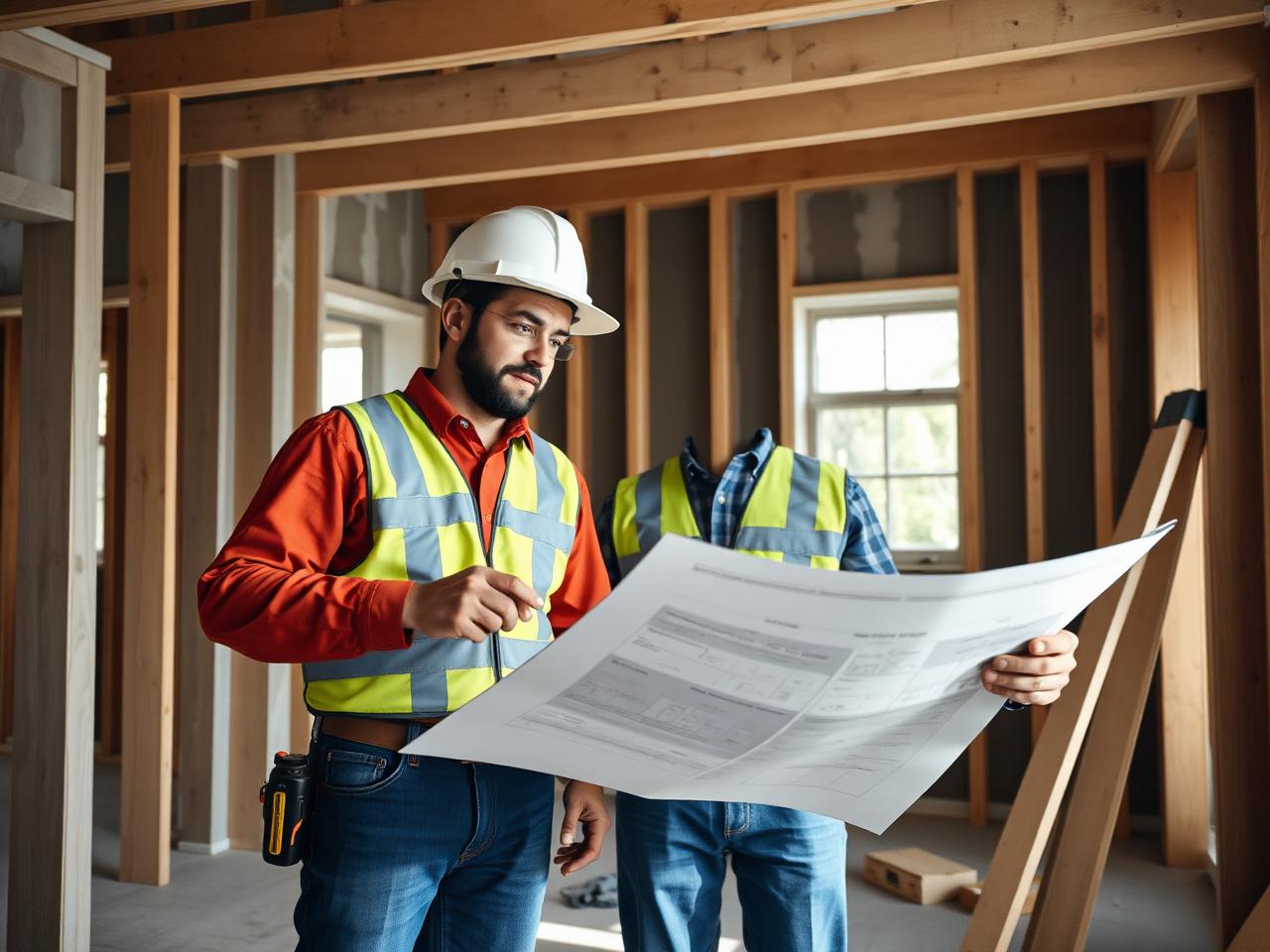Contractors reviewing blueprints inside a home under renovation