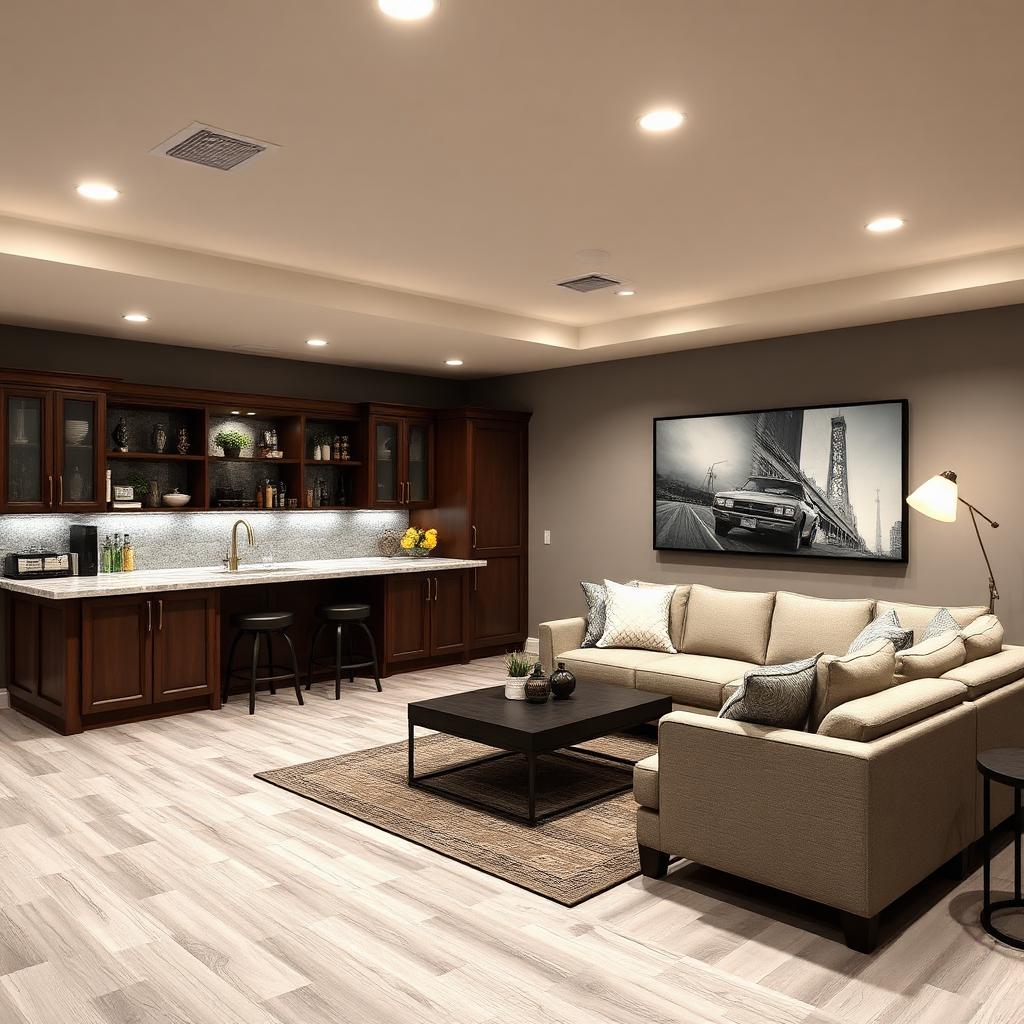 Finished basement with a wet bar and lounge seating