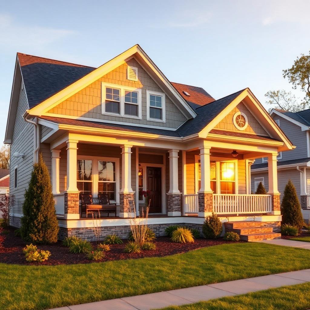 Craftsman home exterior with new siding, porch and landscaping