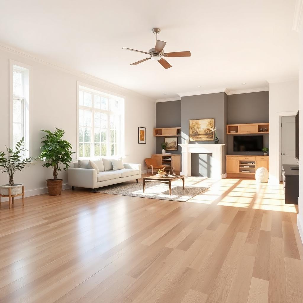 Open living room with refinished hardwood floors and fresh paint