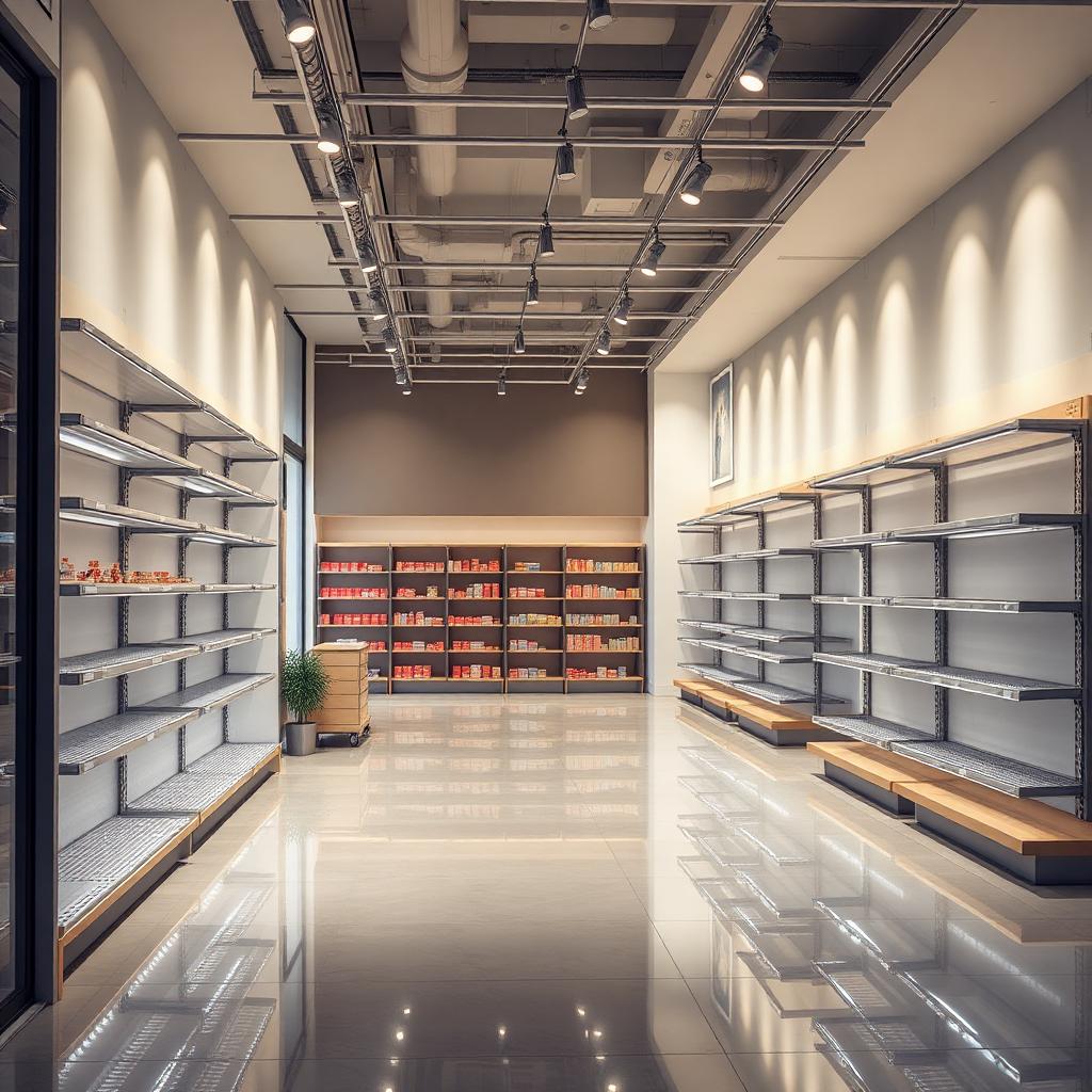 Retail storefront interior with new shelving and track lighting